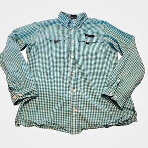 Simply Southern Women's Gingham Teal &‎ White Button Down Size Large